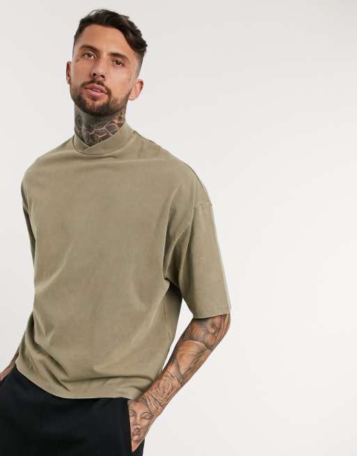 ASOS DESIGN oversized t-shirt with half sleeve and cross turtleneck in  heavy beige acid wash