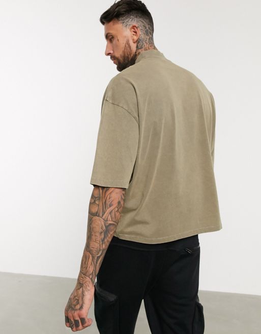 ASOS Design Oversized Polo Long Sleeve T-Shirt in Khaki Acid wash-Green