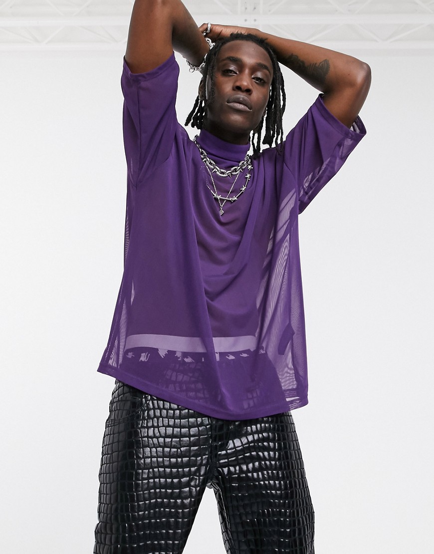 ASOS DESIGN oversized t-shirt with half sleeve and high neck in fine mesh-Purple