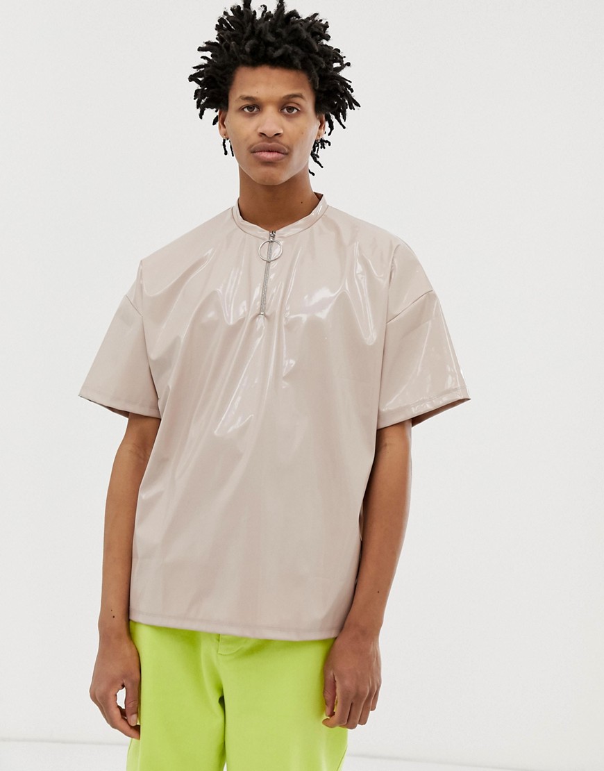 ASOS DESIGN oversized t-shirt with half sleeve and zip neck in vinyl fabric-Beige