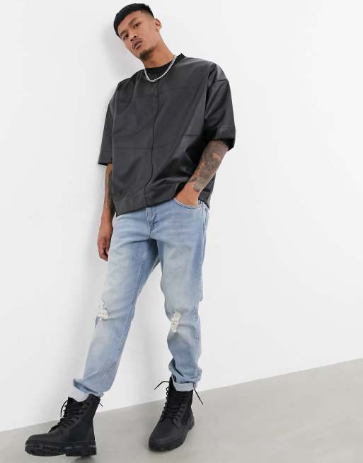 ASOS DESIGN oversized t-shirt with half sleeve in faux leather with seam detail, 4 of 4