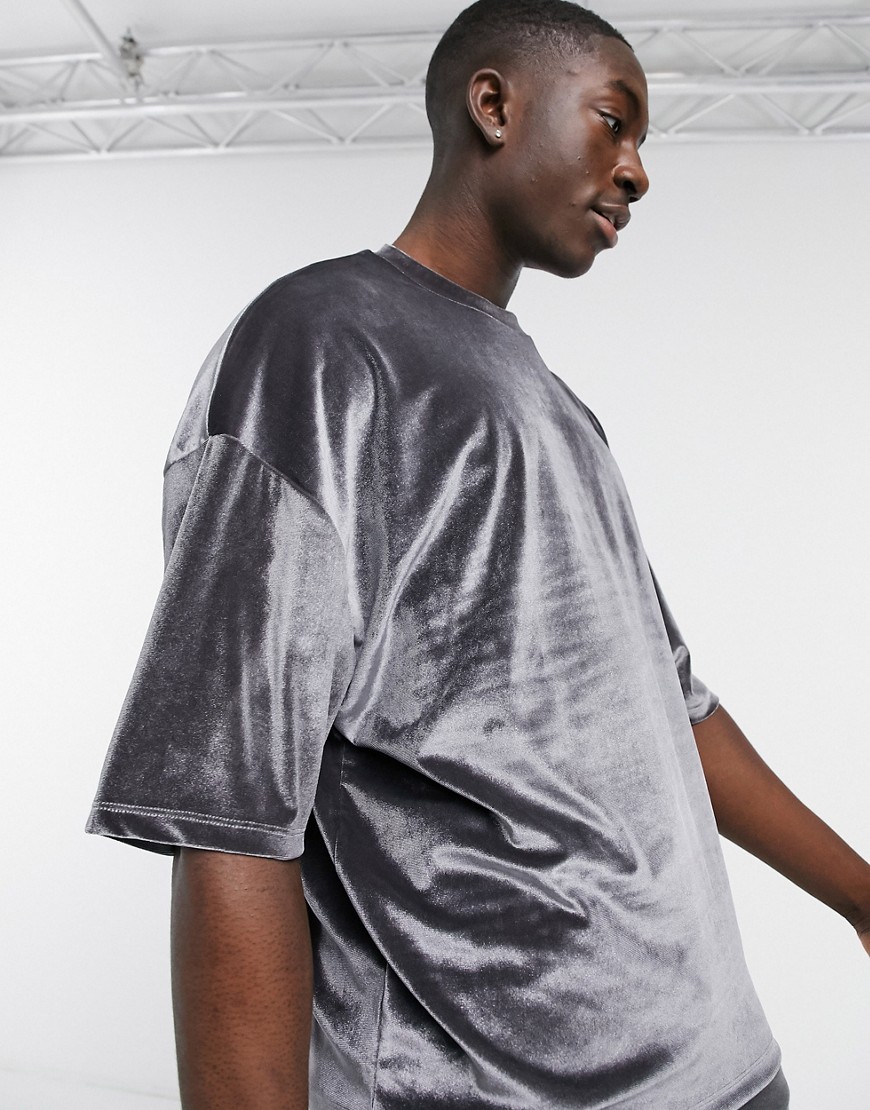 Asos Design Oversized T-shirt With Half Sleeve In Gray Velour-grey