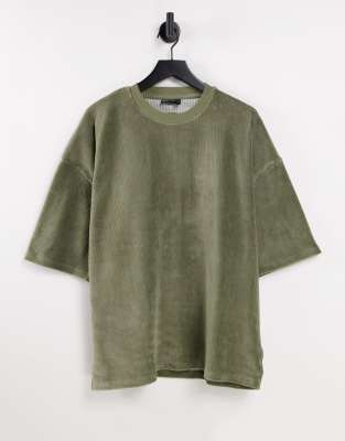 ASOS DESIGN OVERSIZED T-SHIRT IN KHAKI RIBBED VELOUR CORD-GREEN BALTIC VET