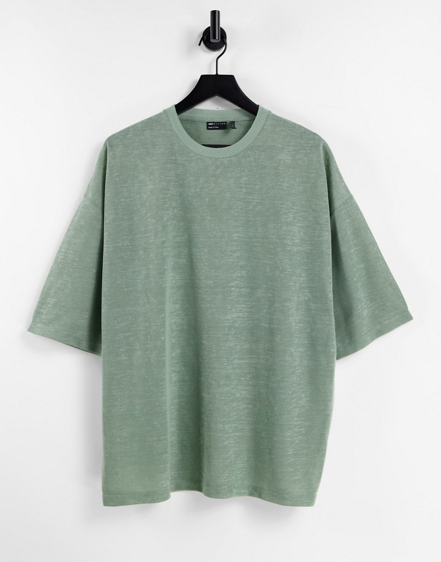 ASOS DESIGN oversized t-shirt with half sleeve in linen look fabric in khaki-Green