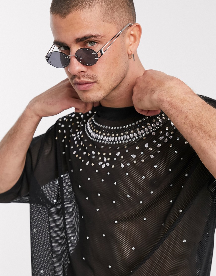 ASOS DESIGN oversized t-shirt with half sleeve in mesh with embellished gems-Black