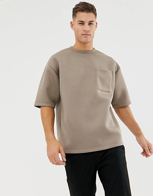 ASOS DESIGN oversized t-shirt with half sleeve in scuba fabric with pocket  in beige