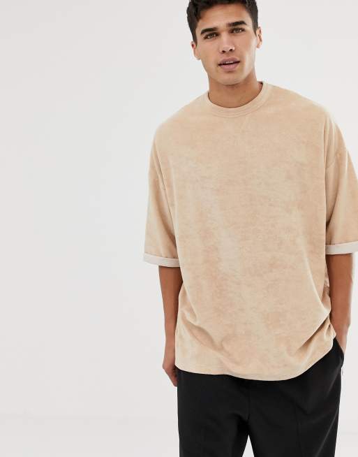 Asos Design Oversized T Shirt With Half Sleeve In Towelling In Beige Asos