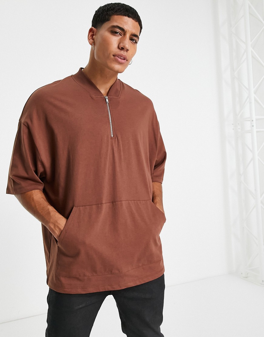 ASOS DESIGN oversized T-shirt with half sleeve & pocket in brown-Brunette