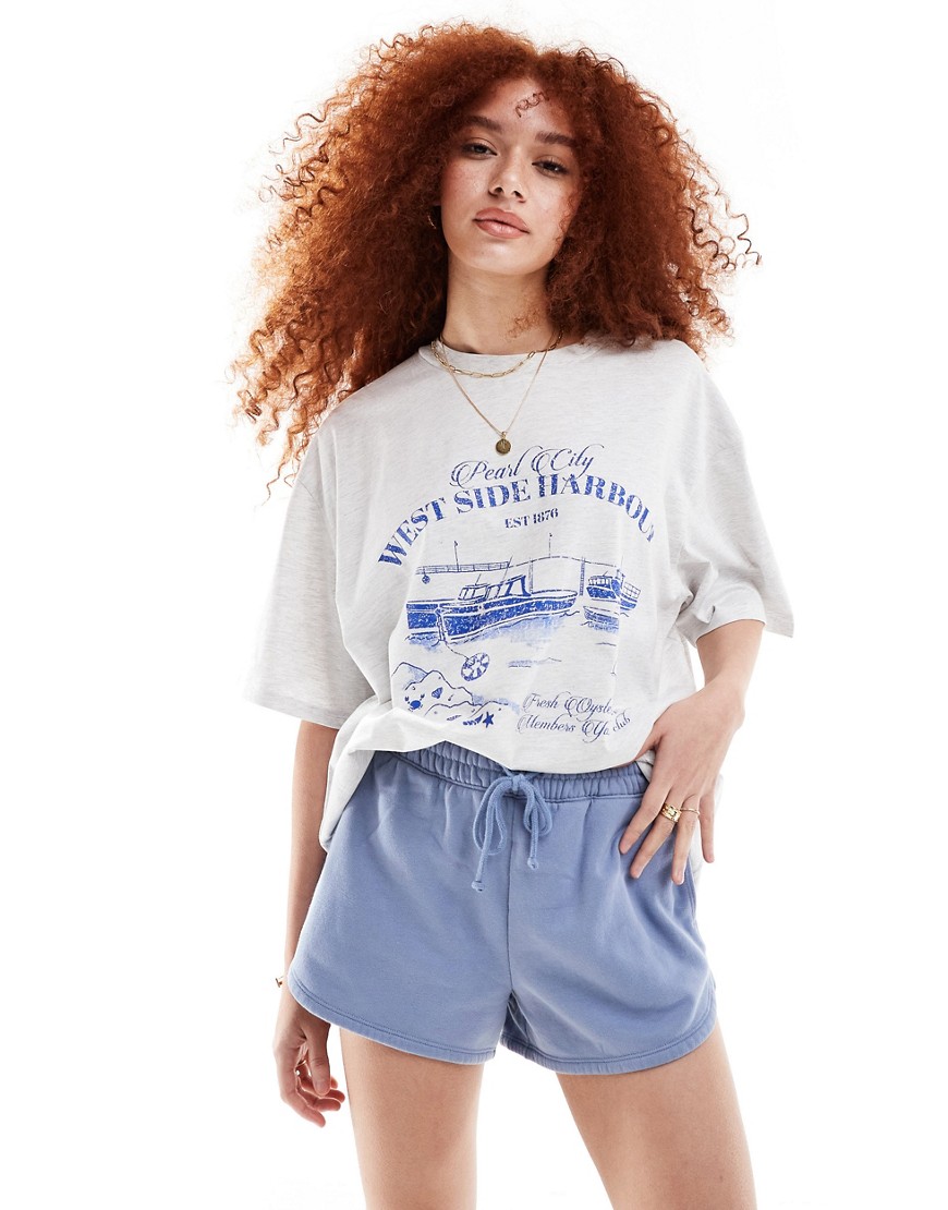 Asos Design Oversized T-shirt With Harbour Boat Graphic In Ice Heather-gray In White