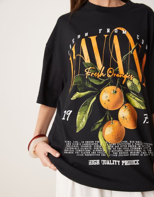 ASOS DESIGN oversized t-shirt with havana orange graphic in black