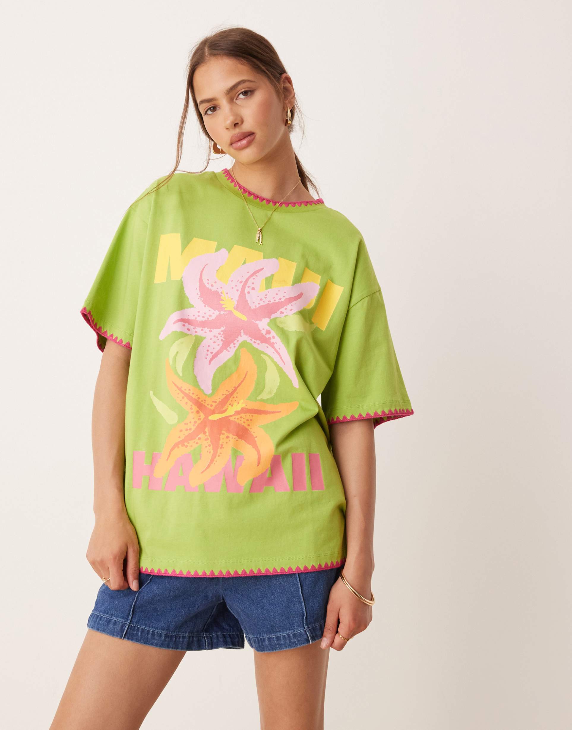 asos design oversized t-shirt with hawaii graphic and blanket stitch detail in green