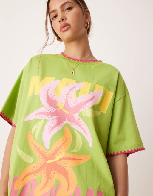 ASOS DESIGN oversized T-shirt with hawaii graphic and blanket stitch detail in green