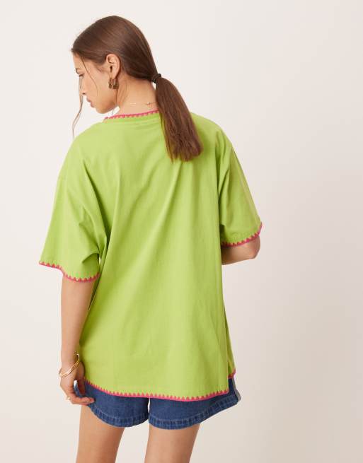 ASOS DESIGN oversized t-shirt with hawaii graphic and blanket stitch detail in green, 3 of 4