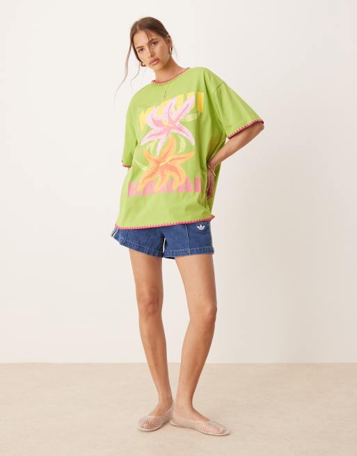 ASOS DESIGN oversized T-shirt with hawaii graphic and blanket stitch detail in green