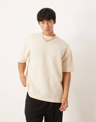ASOS DESIGN oversized t-shirt with henley neck in cream boucle - view 1