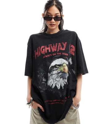 ASOS DESIGN oversized t-shirt with highway rock graphic and nibbling in washed charcoal-Grey