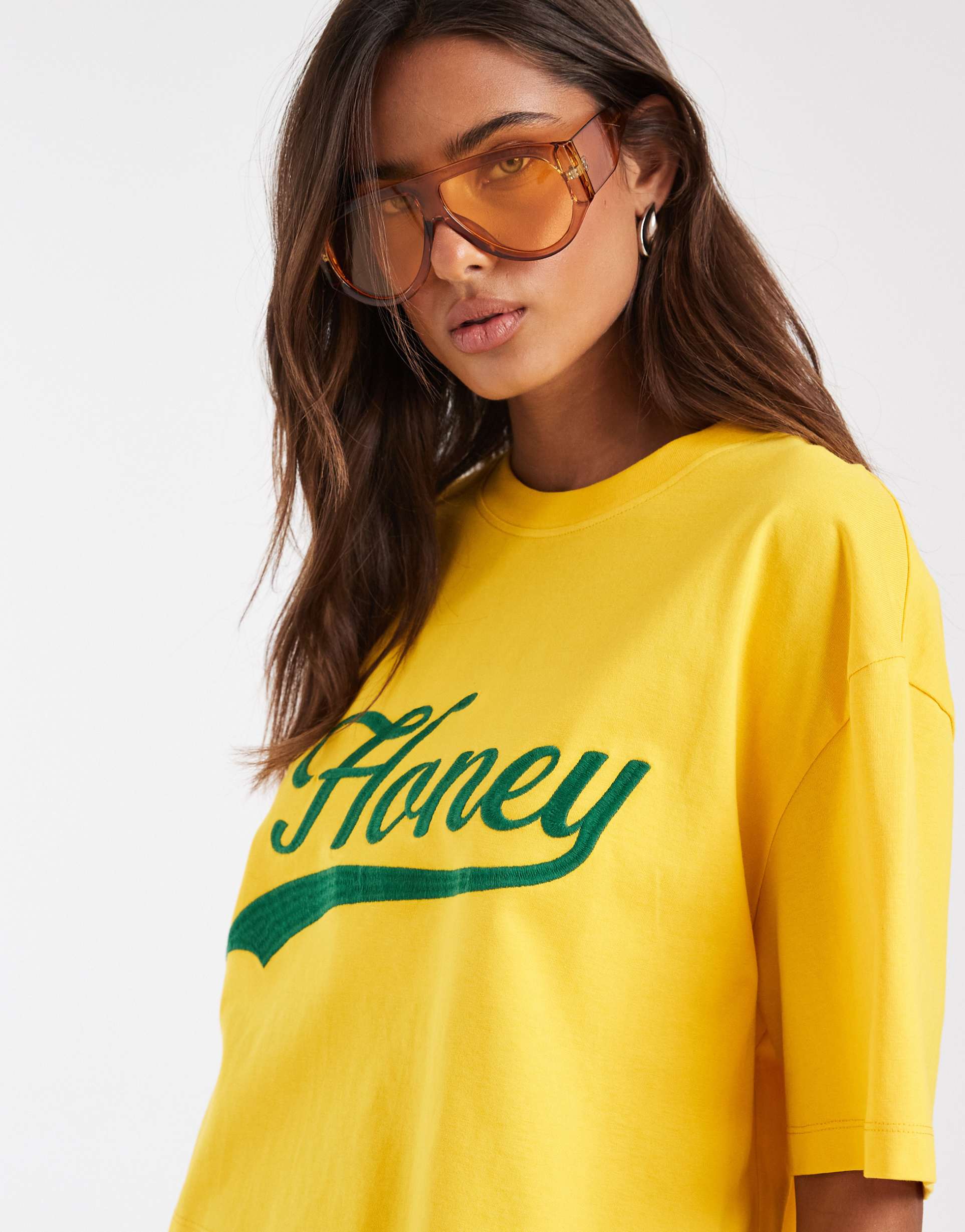 asos design oversized t-shirt with honey slogan in mustard yellow
