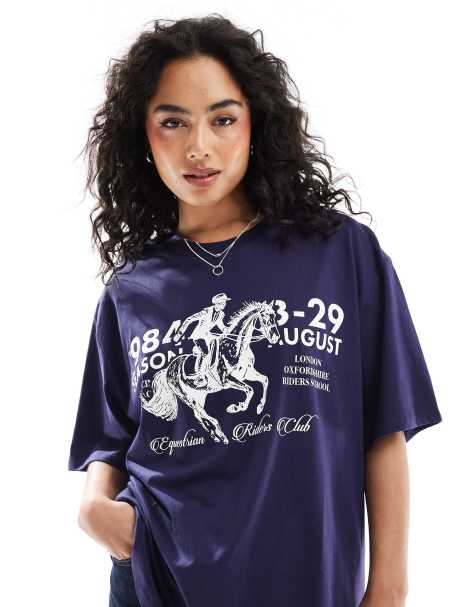 ASOS DESIGN oversized t-shirt with horse graphic in navy - view 1