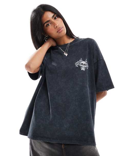 ASOS DESIGN oversized t-shirt with hotfix skull and racing flags graphic in washed charcoal - view 1