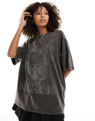 ASOS DESIGN oversized t-shirt with hotfix skull rock graphic in washed charcoal