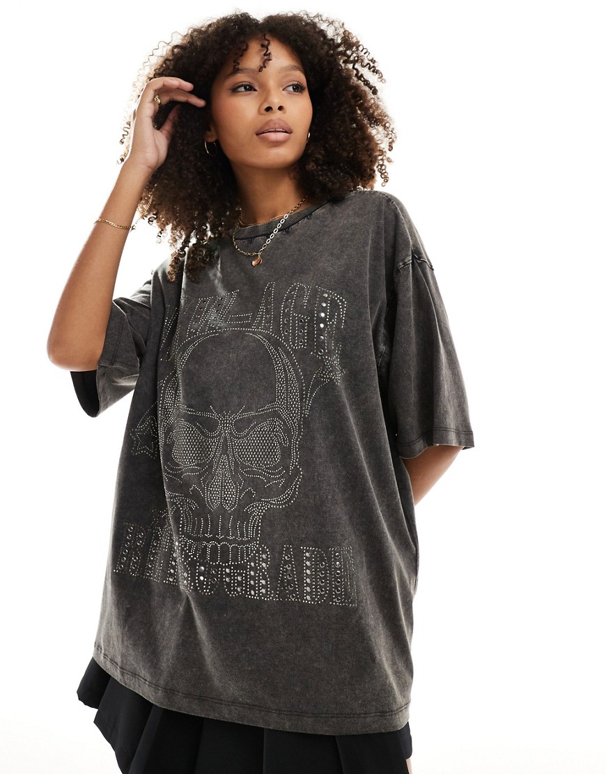 Asos Design Oversized T-shirt With Hotfix Skull Rock Graphic In Washed Charcoal-gray In Black