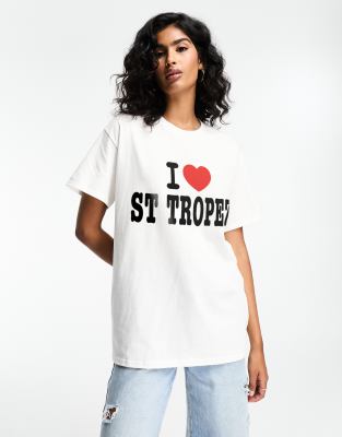 ASOS DESIGN oversized t-shirt with I heart st tropez graphic in white