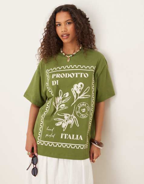 ASOS DESIGN oversized t-shirt with italia floral graphic in khaki green - view 1