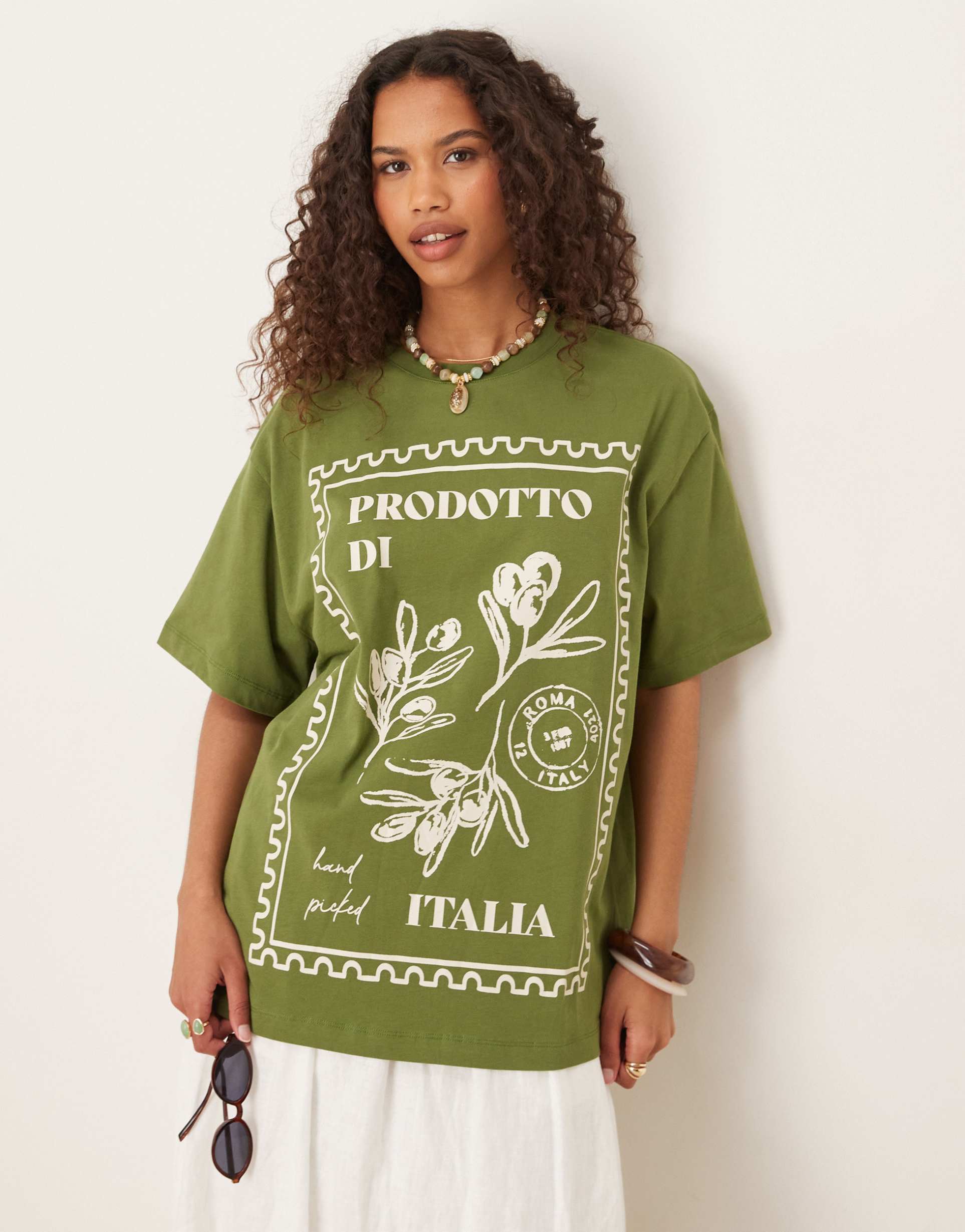 asos design oversized t-shirt with italia floral graphic in khaki green