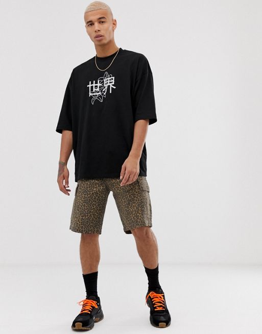 ASOS DESIGN oversized t-shirt with tiger print and japanese text embroidery