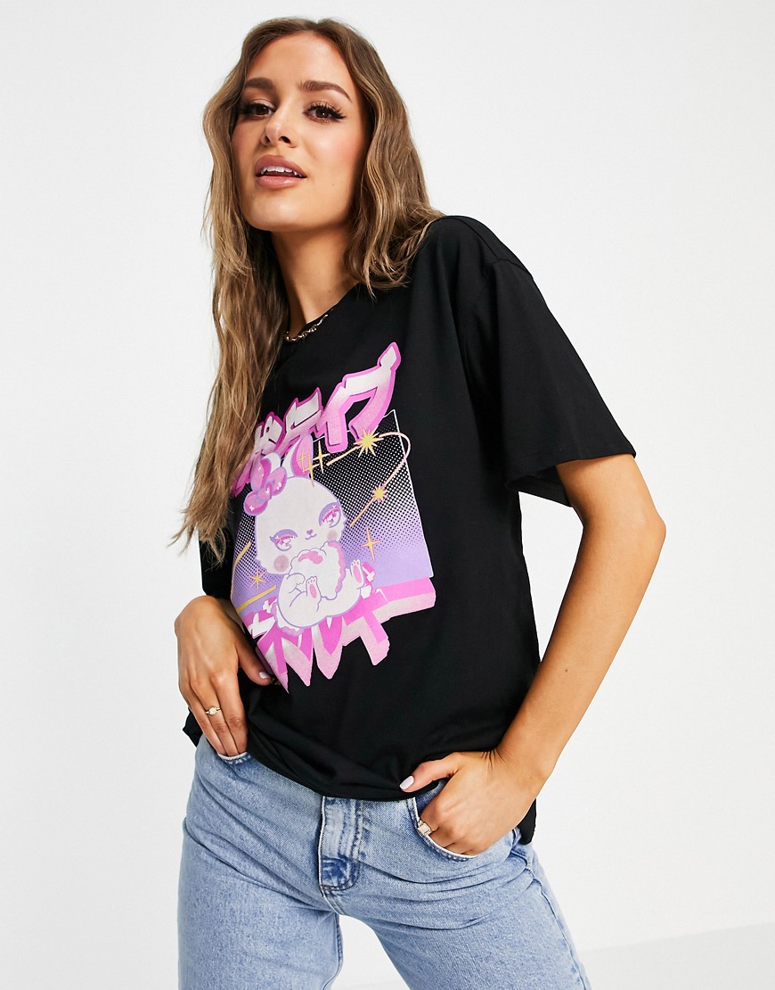 ASOS DESIGN oversized t-shirt with kawaii character print in black-White