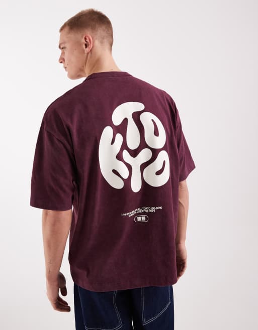 ASOS DESIGN oversized t-shirt with Kyoto bubble text print in burgundy wash, 4 of 5
