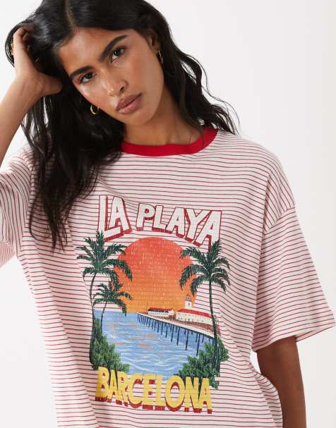 ASOS DESIGN Oversized T-shirt with La Playa graphic in red and white stripe - view 1