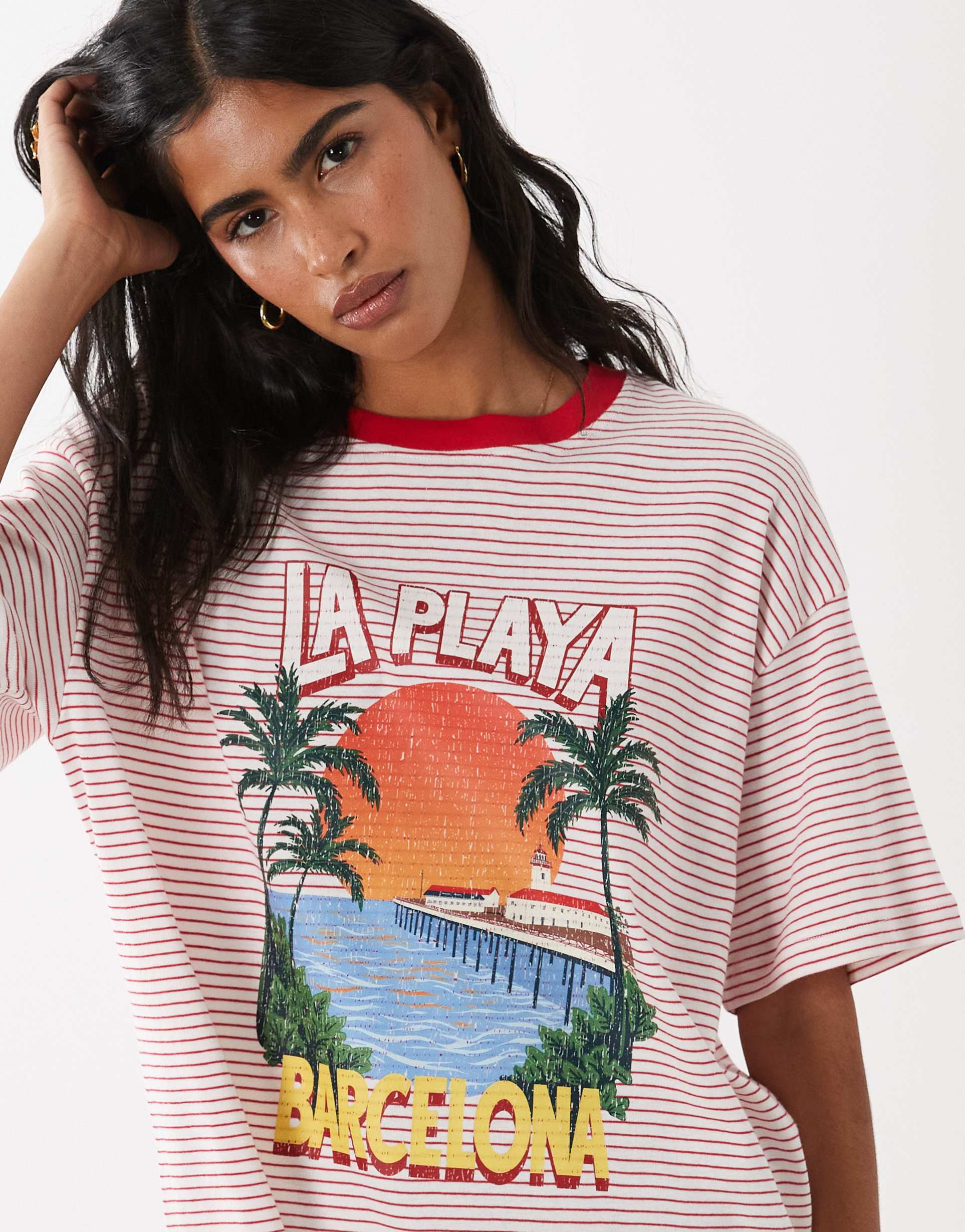 asos design oversized t-shirt with la playa graphic in red and white stripes