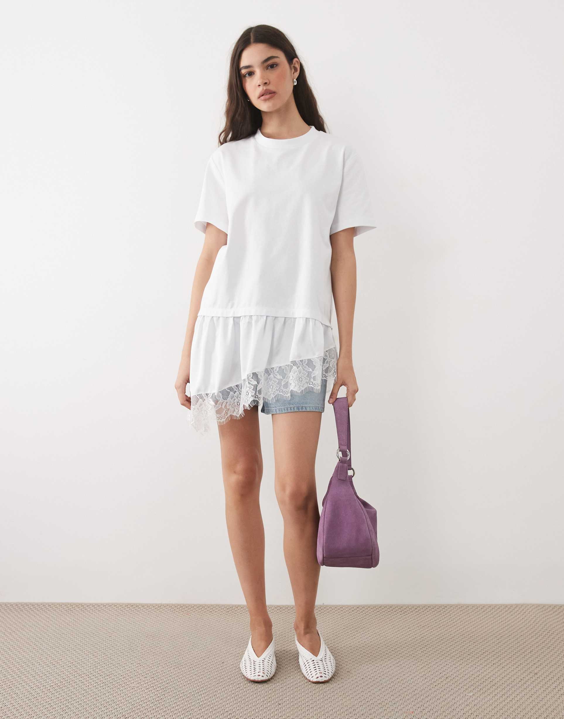 asos design oversized t-shirt with lace and satin asymmetric hem in white