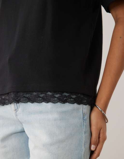 ASOS DESIGN oversized t shirt with lace trim at hem in, 3 of 4