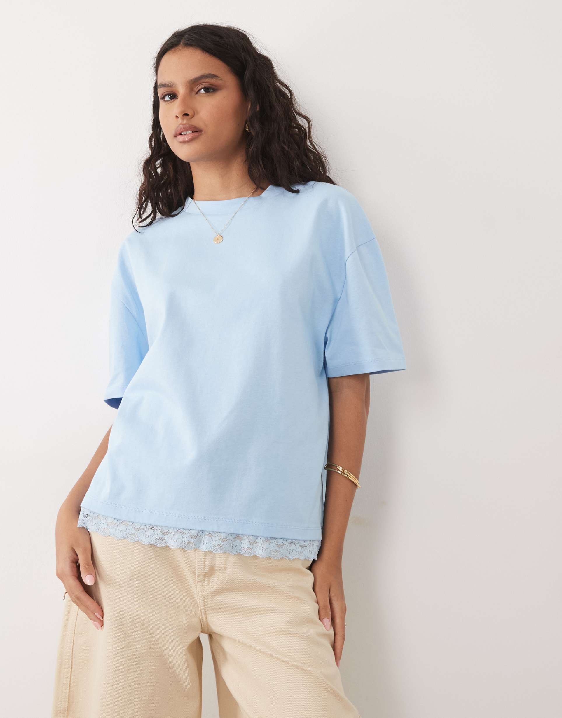 asos design oversized t-shirt with lace trim at hem set in light blue