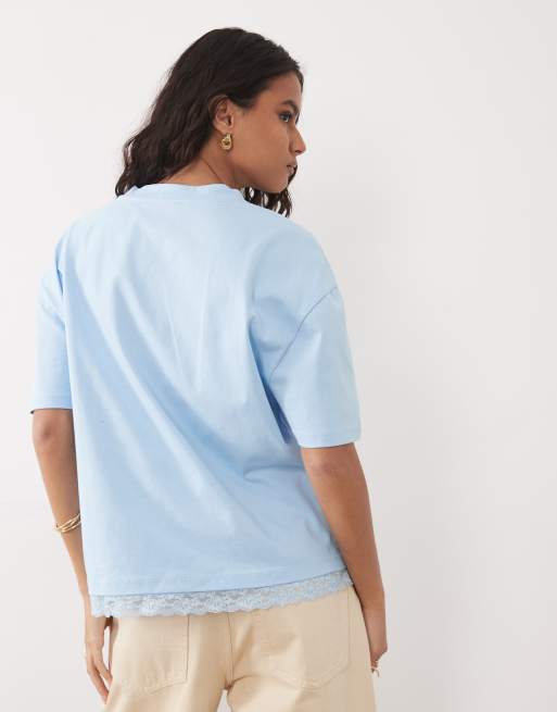 ASOS DESIGN oversized T-shirt with lace trim at hem set in light blue, 4 of 4