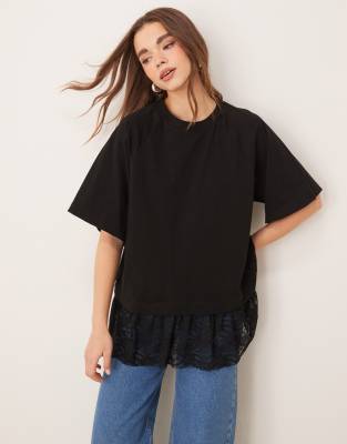 oversized t-shirt with lace trim detail in black