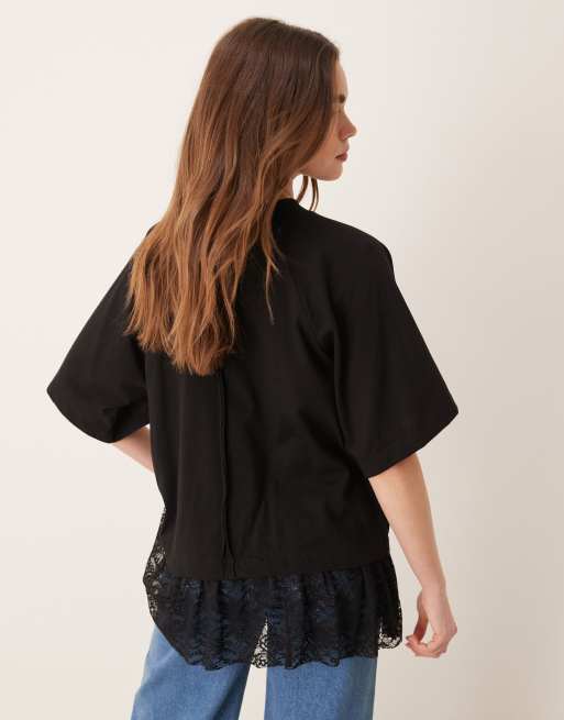 ASOS DESIGN oversized t-shirt with lace trim detail in black, 4 of 4