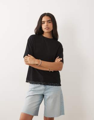 Asos Design Oversized T-shirt With Lace Trim On Hem In Black