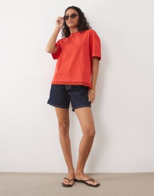 Asos Design Oversized T-shirt With Lace Trim On Hem In Red
