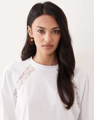 Asos Design Oversized T-shirt With Lace Trim Raglan Detail In White