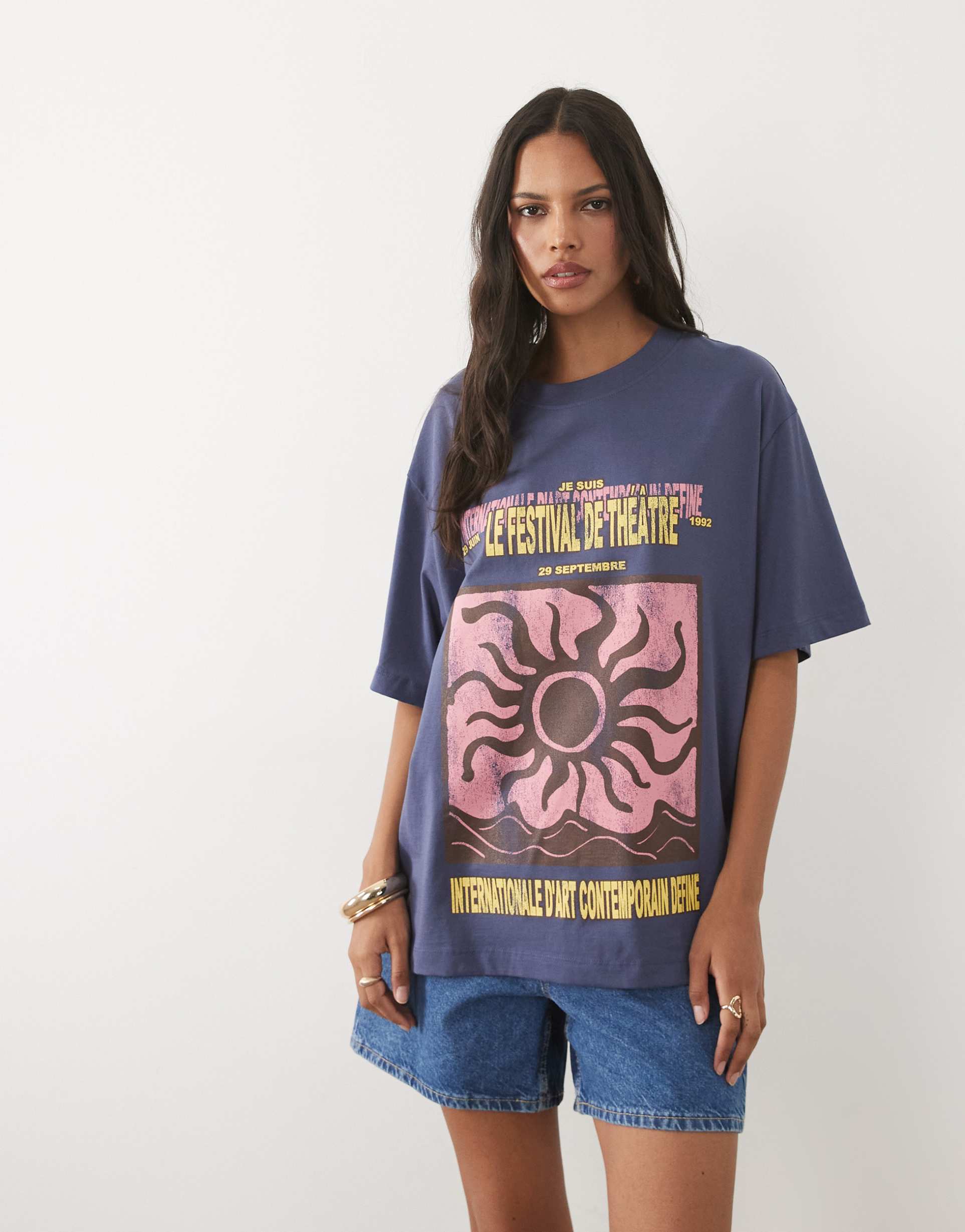 asos design oversized t-shirt with le festival de theatre sun graphic in blue