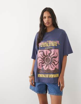 Asos Design Oversized T-shirt With Le Festival De Theatre Sun Graphic In Blue