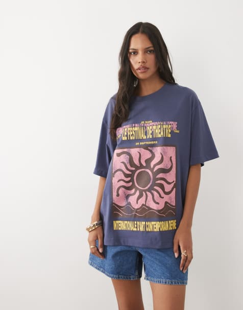 ASOS DESIGN oversized T-shirt with Le Festival de Theatre sun graphic in light blue - view 1