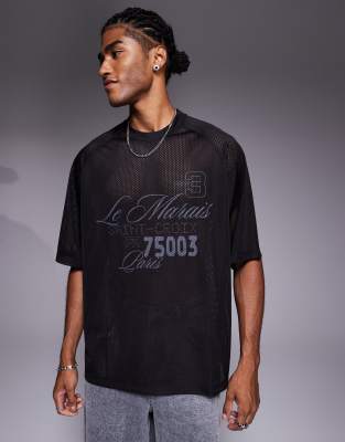 ASOS DESIGN oversized t-shirt with Le Marais graphic in black airtex - view 1