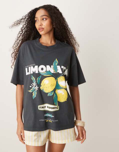 ASOS DESIGN oversized t-shirt with lemon graphic in washed charcoal - view 1