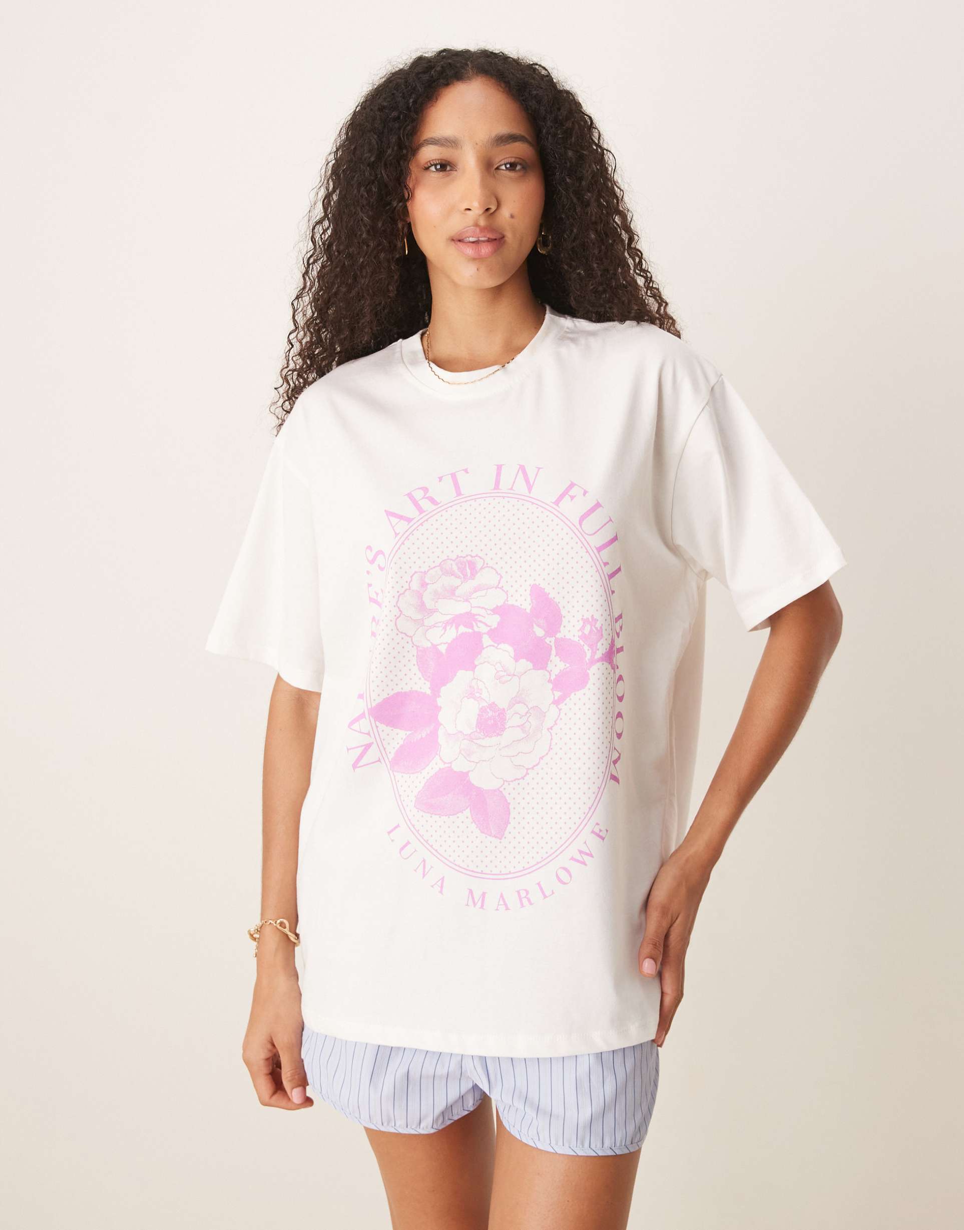 asos design oversized t-shirt with lilac flower graphic in cream
