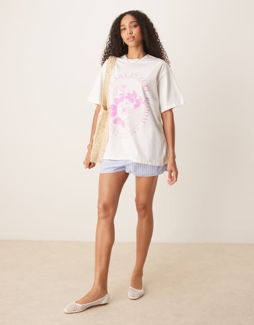 ASOS DESIGN oversized T-shirt with lilac flower graphic in cream