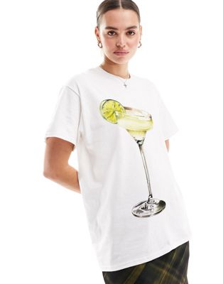 Asos Design Oversized T-shirt With Lime Cocktail Drink Graphic In White
